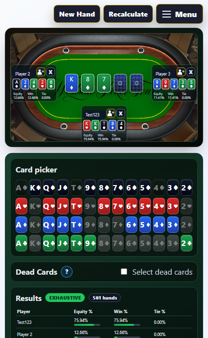 Vista de mesa movil de la calculadora de 5-Card Omaha