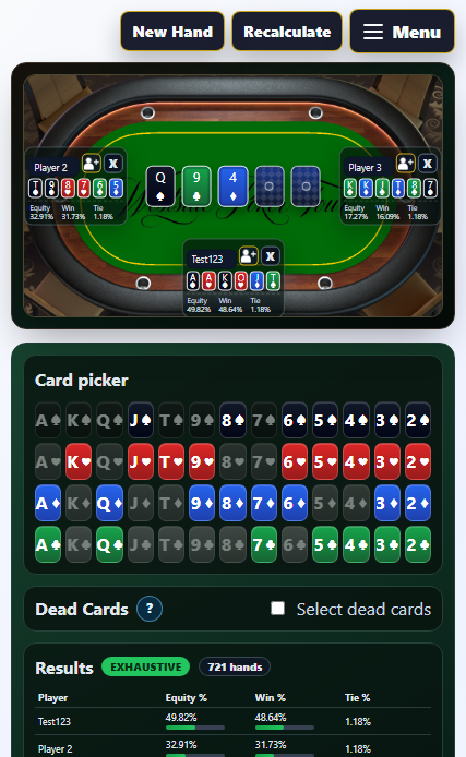 Vista de mesa movil de la calculadora de 6-Card Omaha