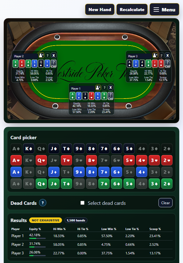 Vista de mesa movil de la calculadora de Seven Card Stud Hi/Lo