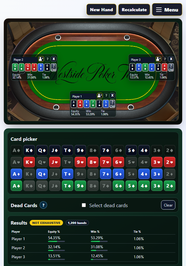 Vista de mesa movil de la calculadora de Seven Card Stud